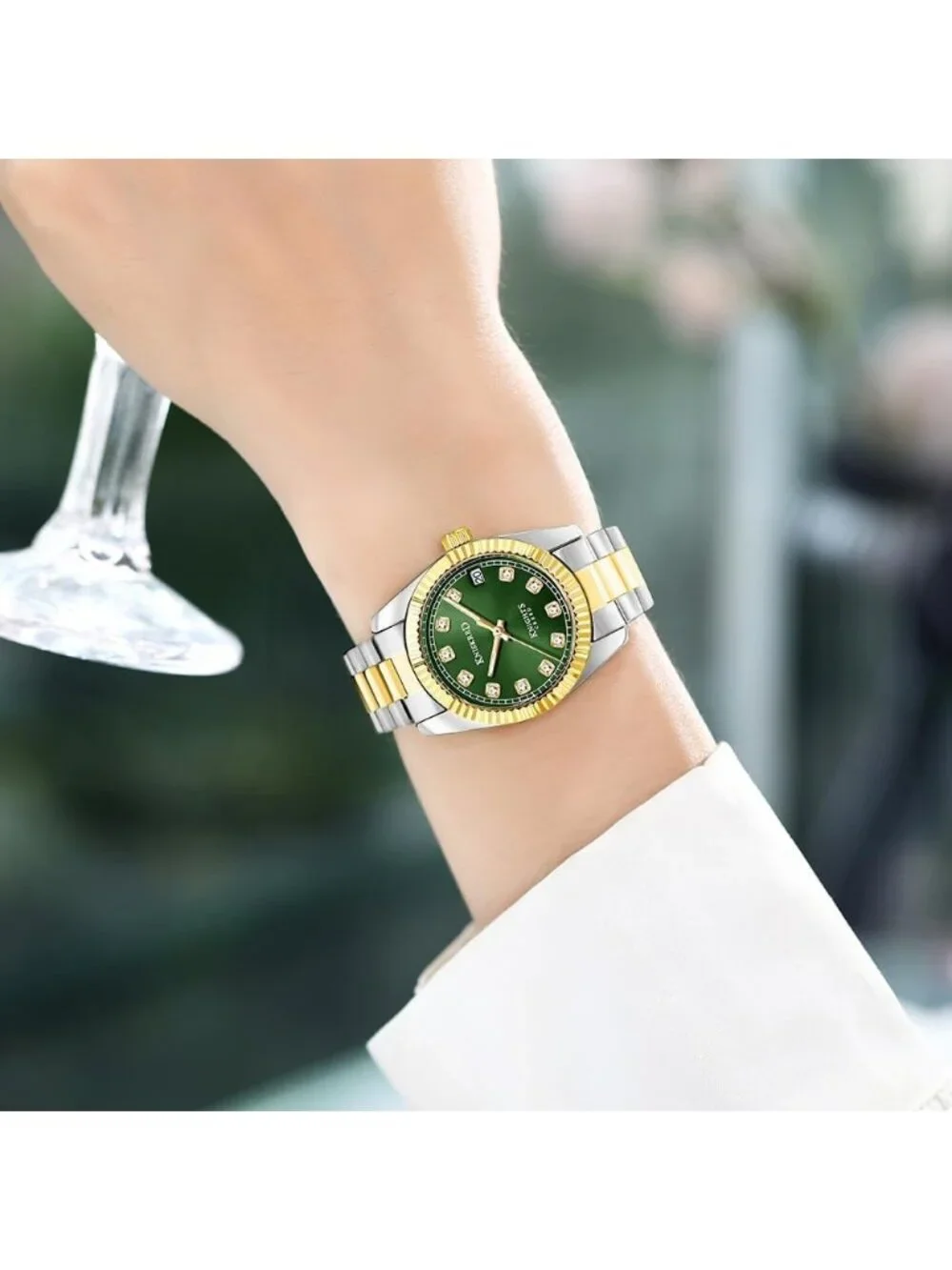Women's Silver Green Crystal Accented Dial Solid Stainless Steel Band Wristwatch
